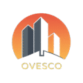 OVESCO logo featuring modern high-rise buildings in grey and orange within a circular gradient, symbolizing construction, engineering, and project management expertise